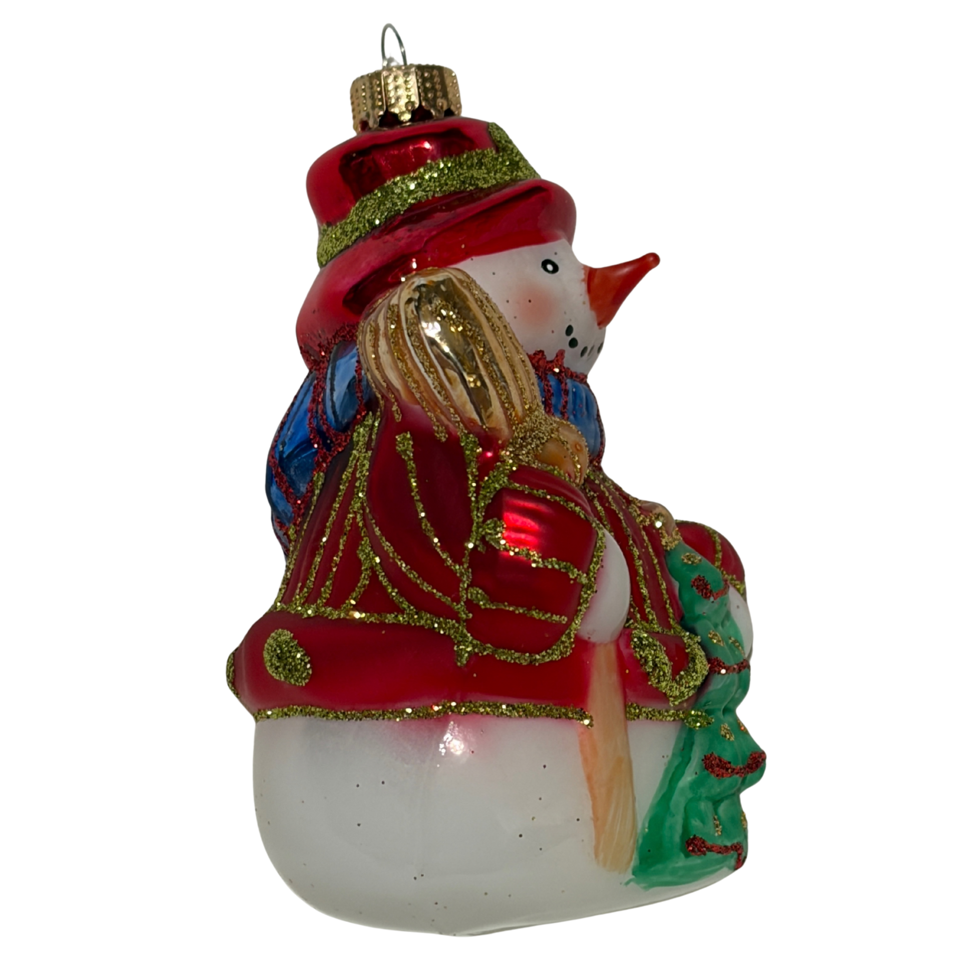 Snowman Christmas tree decoration wearing a red and green outfit, holding a golden broom and green Christmas tree