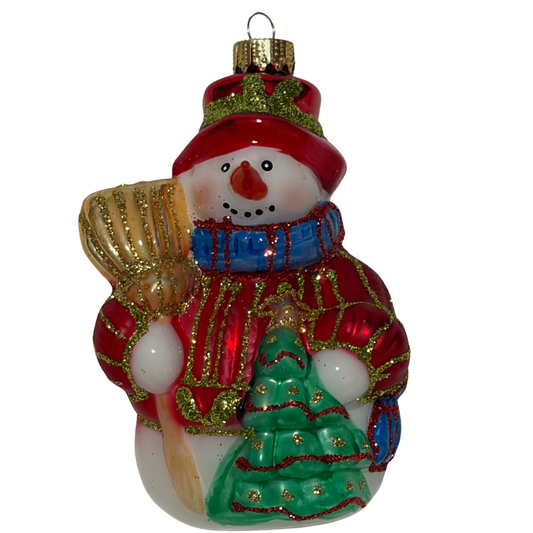 Snowman Christmas tree decoration wearing a red and green outfit, holding a golden broom and green Christmas tree