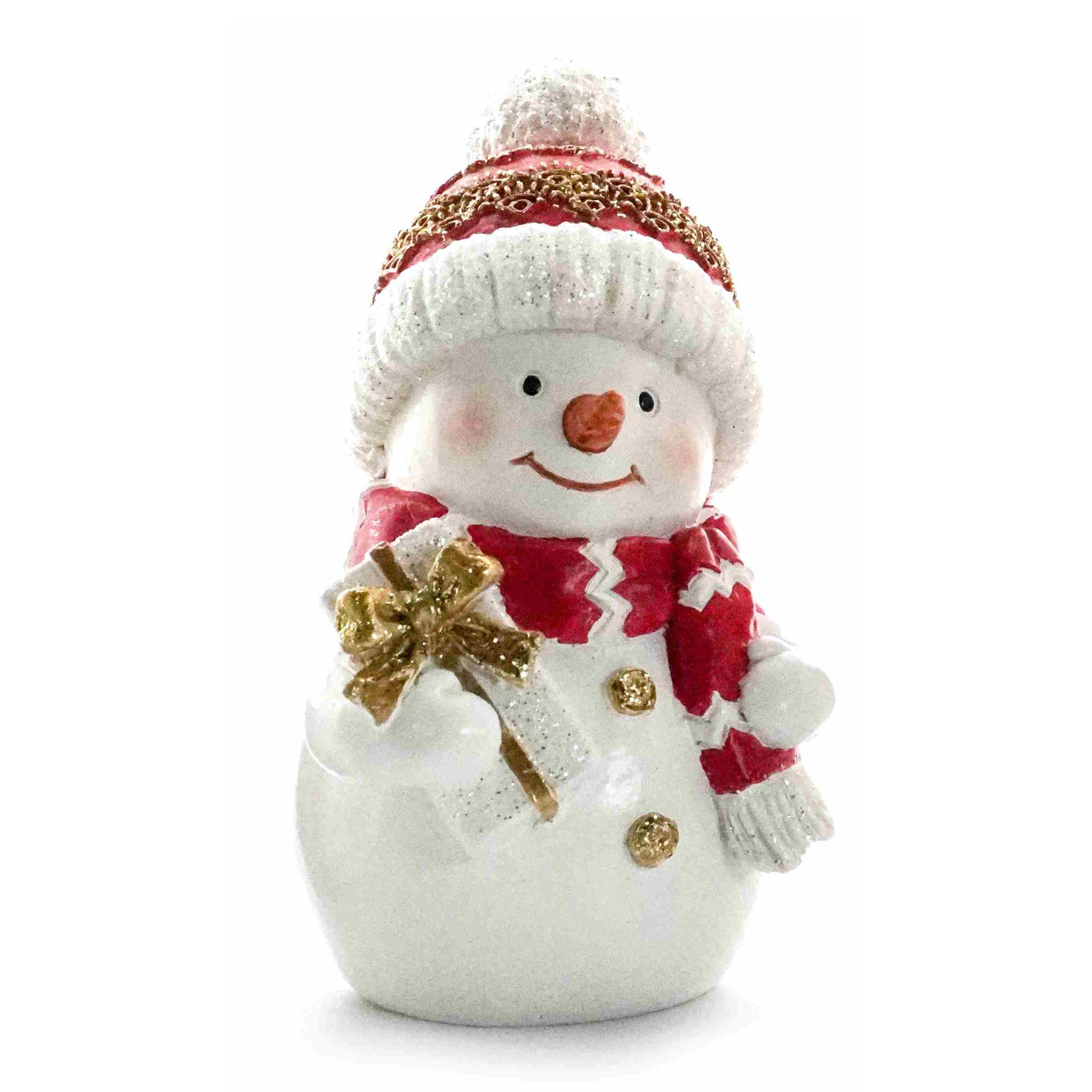 Snowman decoration with red zigzag scarf, white mittens, knitted hat and white gift with gold bow