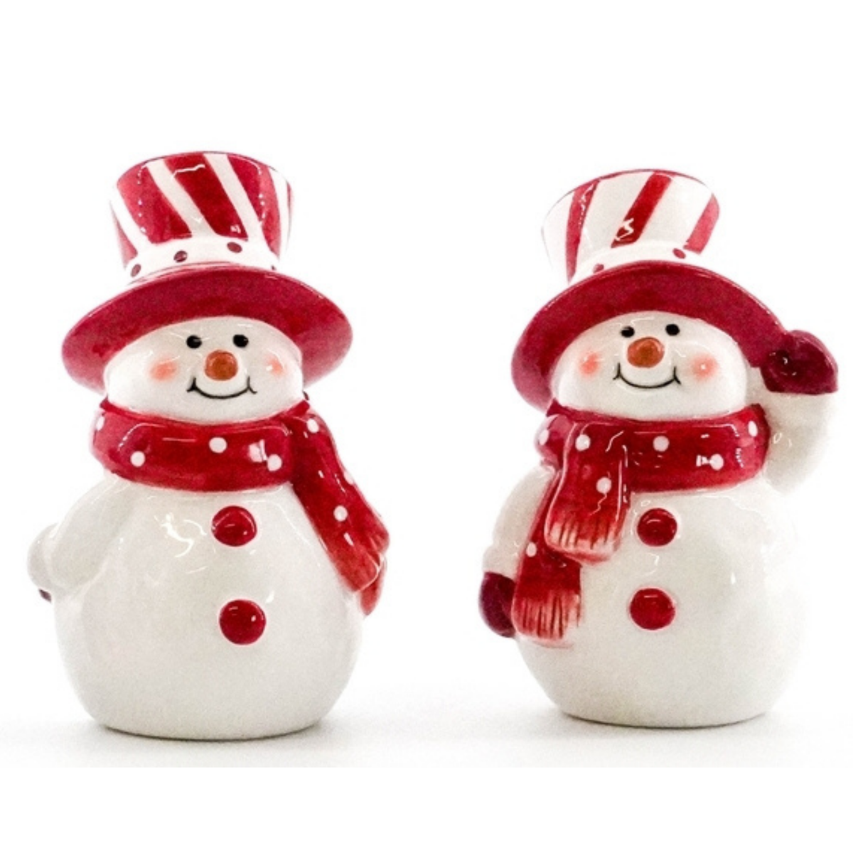 Snowman salt and pepper shaker set with red and white candy cane striped top hats and polka dot scarves