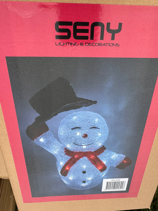 Light-up snowman wearing black top hat and red scarf