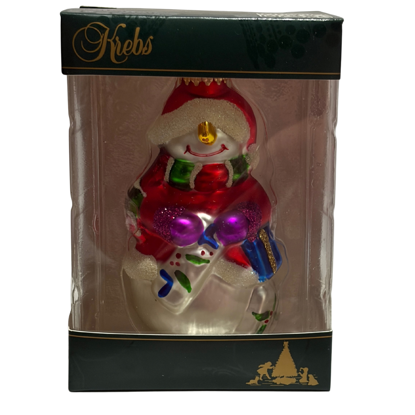 Snowman Christmas tree decoration wearing a red Santa hat and mittens, holding colourful presents