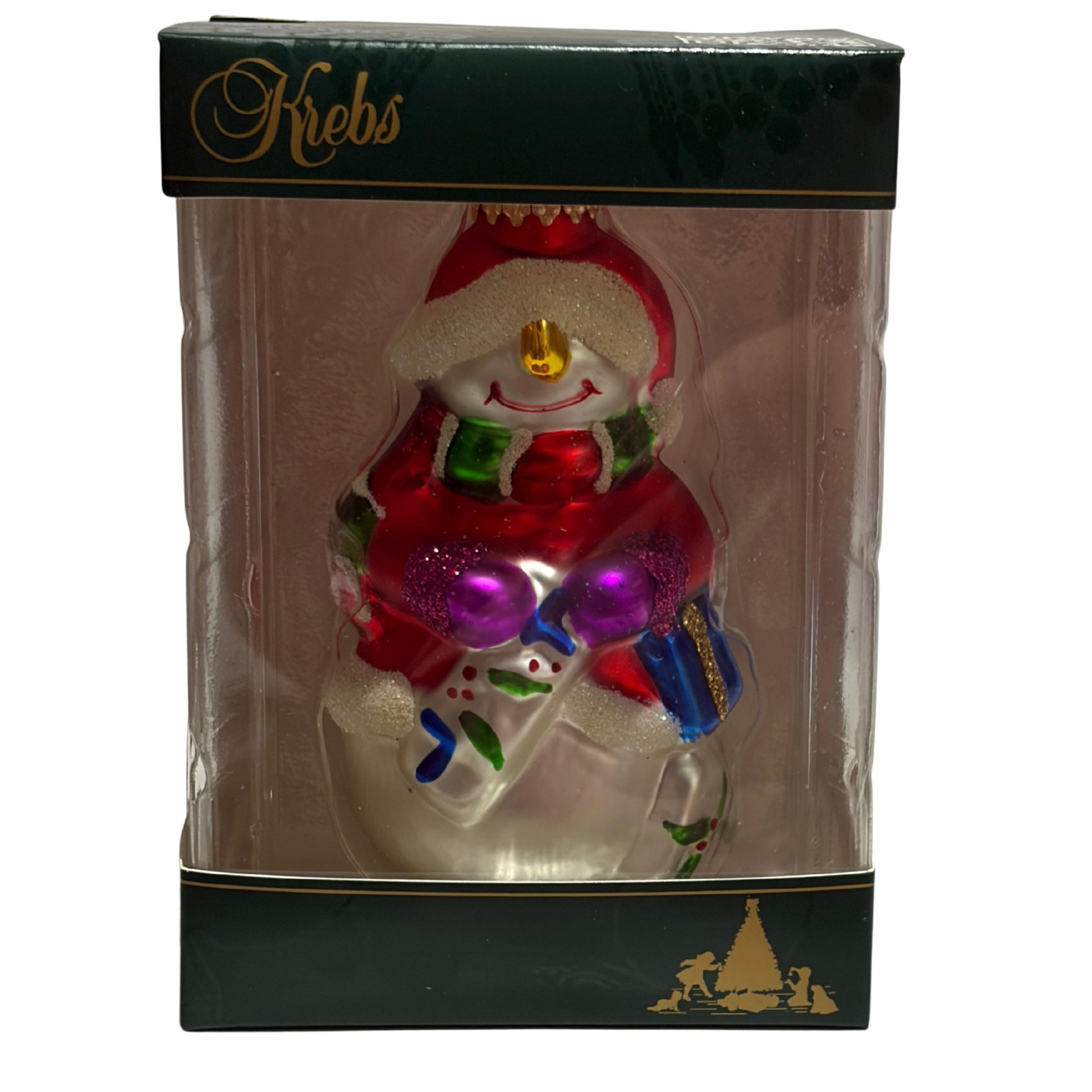 Snowman Christmas tree decoration wearing a red Santa hat and mittens, holding colourful presents