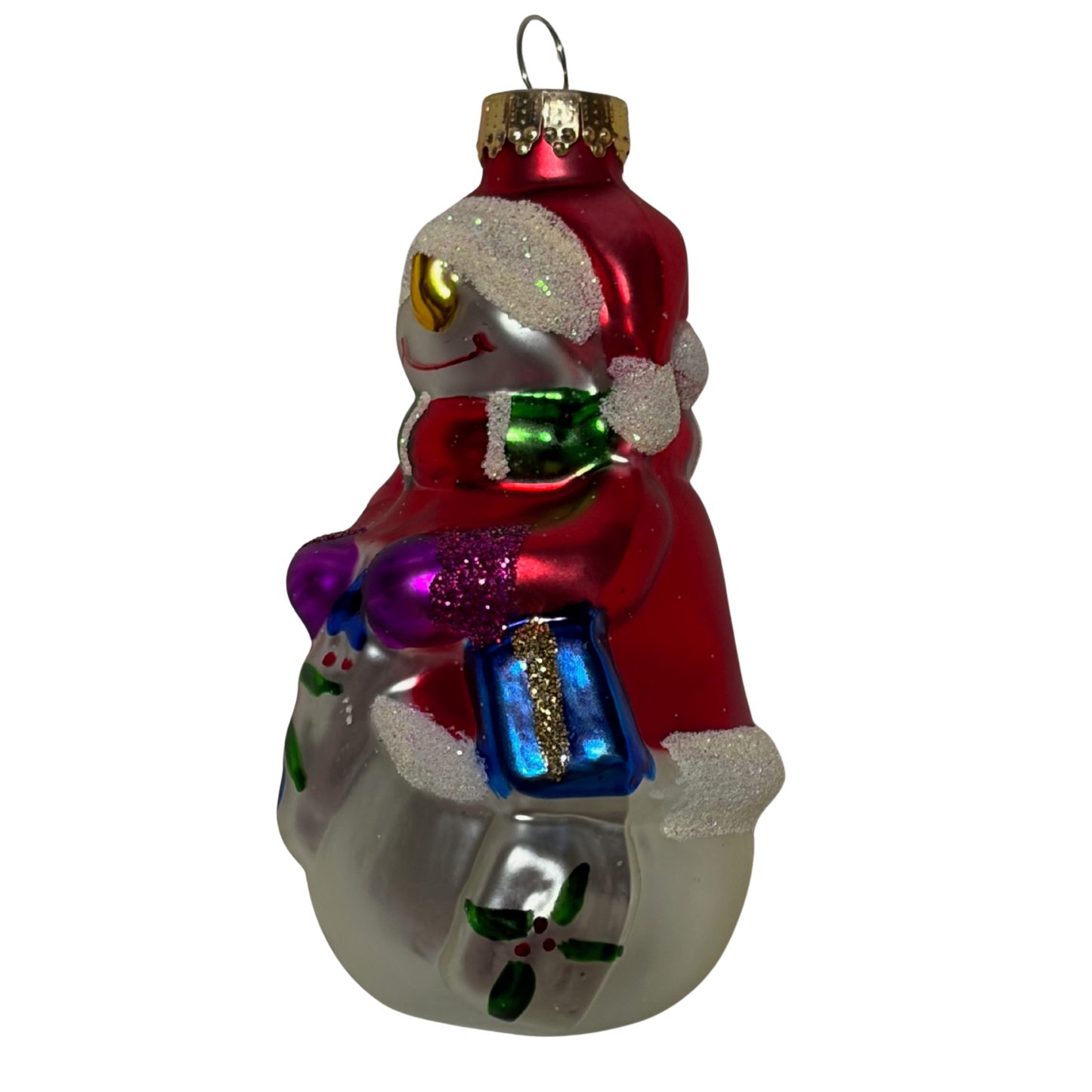 Snowman Christmas tree decoration wearing a red Santa hat and mittens, holding colourful presents