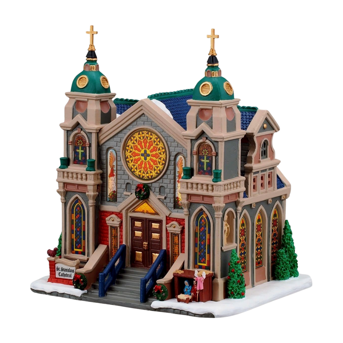 Lemax St. Stanislaus Cathedral figurine with twin towers, gold crosses, rose window, stained glass, and nativity scene