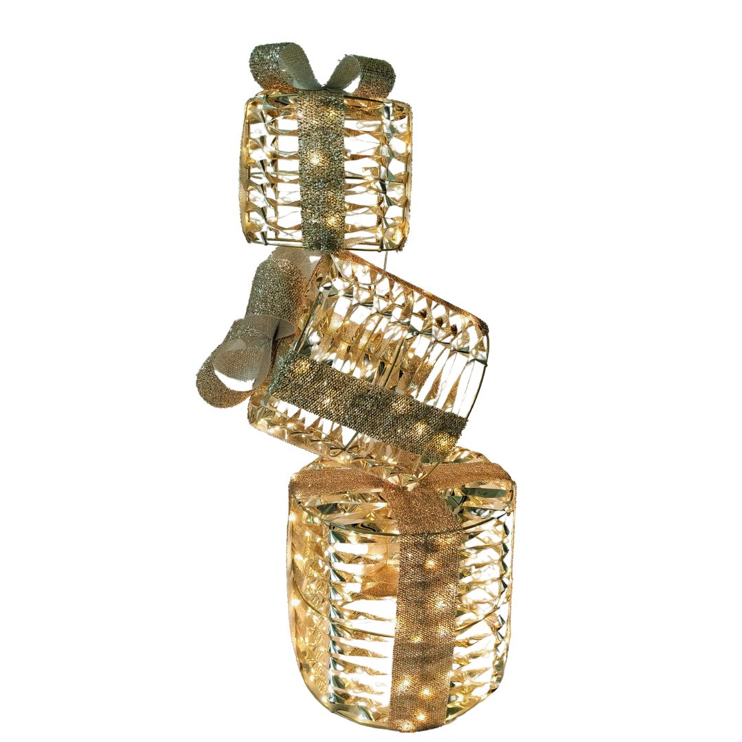 Gold LED stacked round gift boxes decoration with glitter ribbons and warm white lights