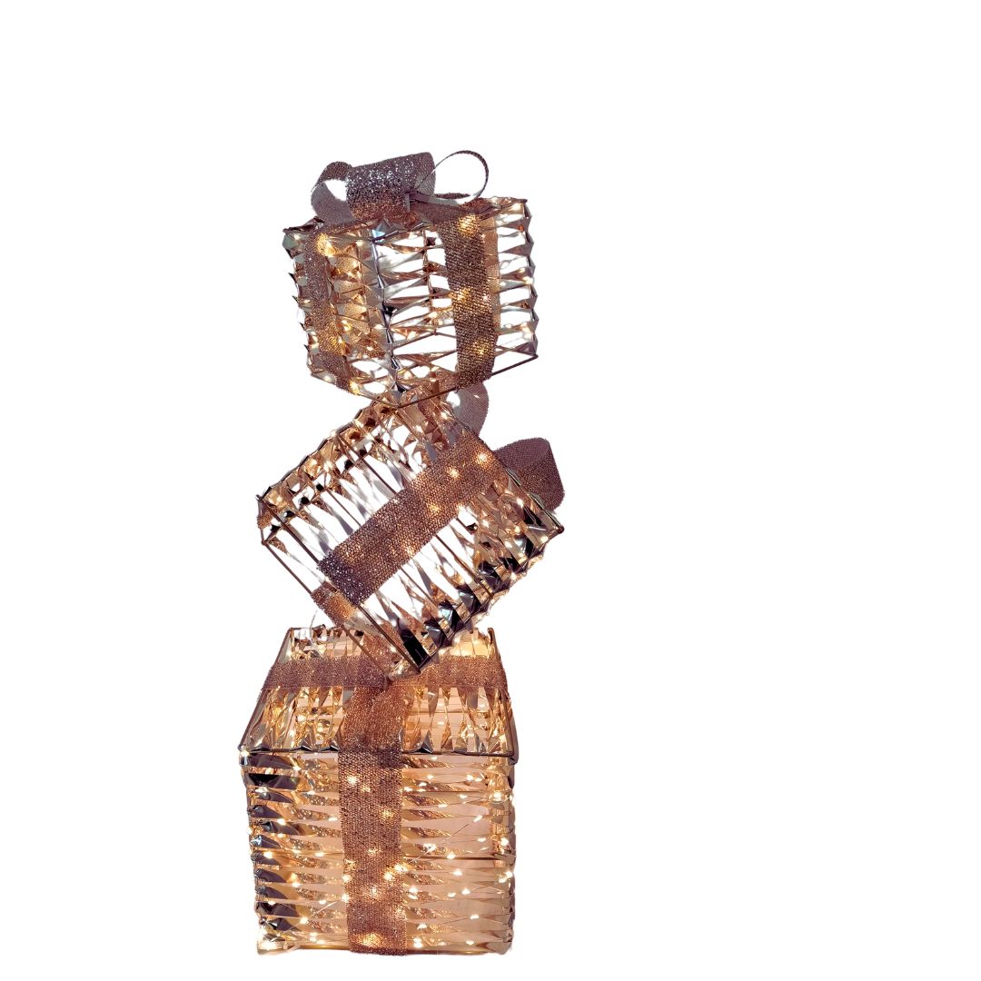 Gold LED stacked square gift boxes decoration with glitter ribbons and warm white lights