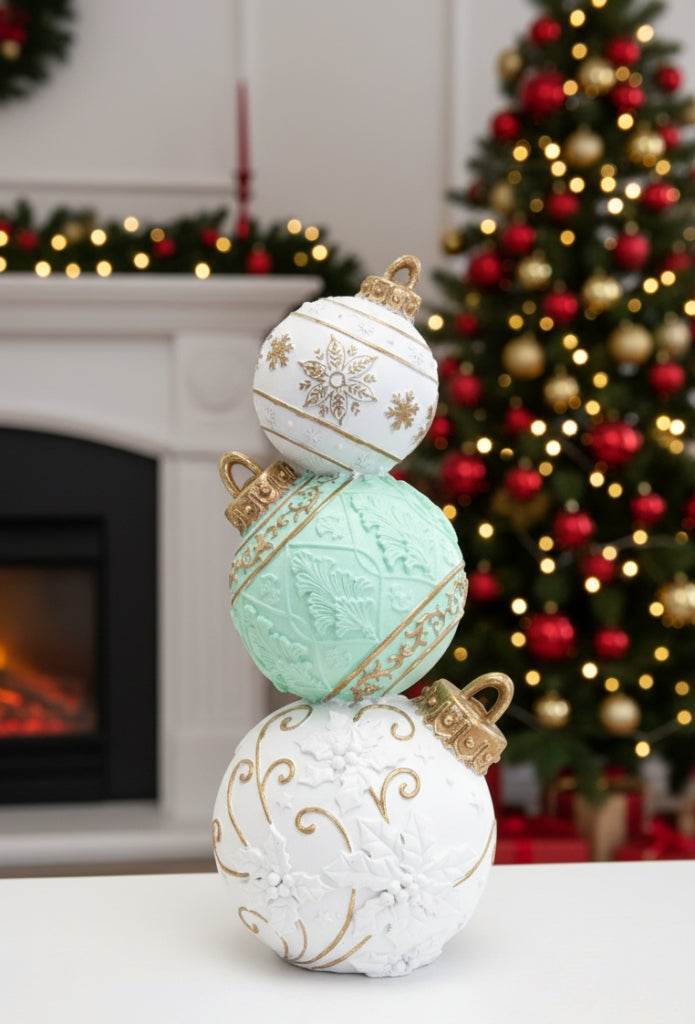 Stacked bauble decoration in white and mint with gold scrollwork detailing