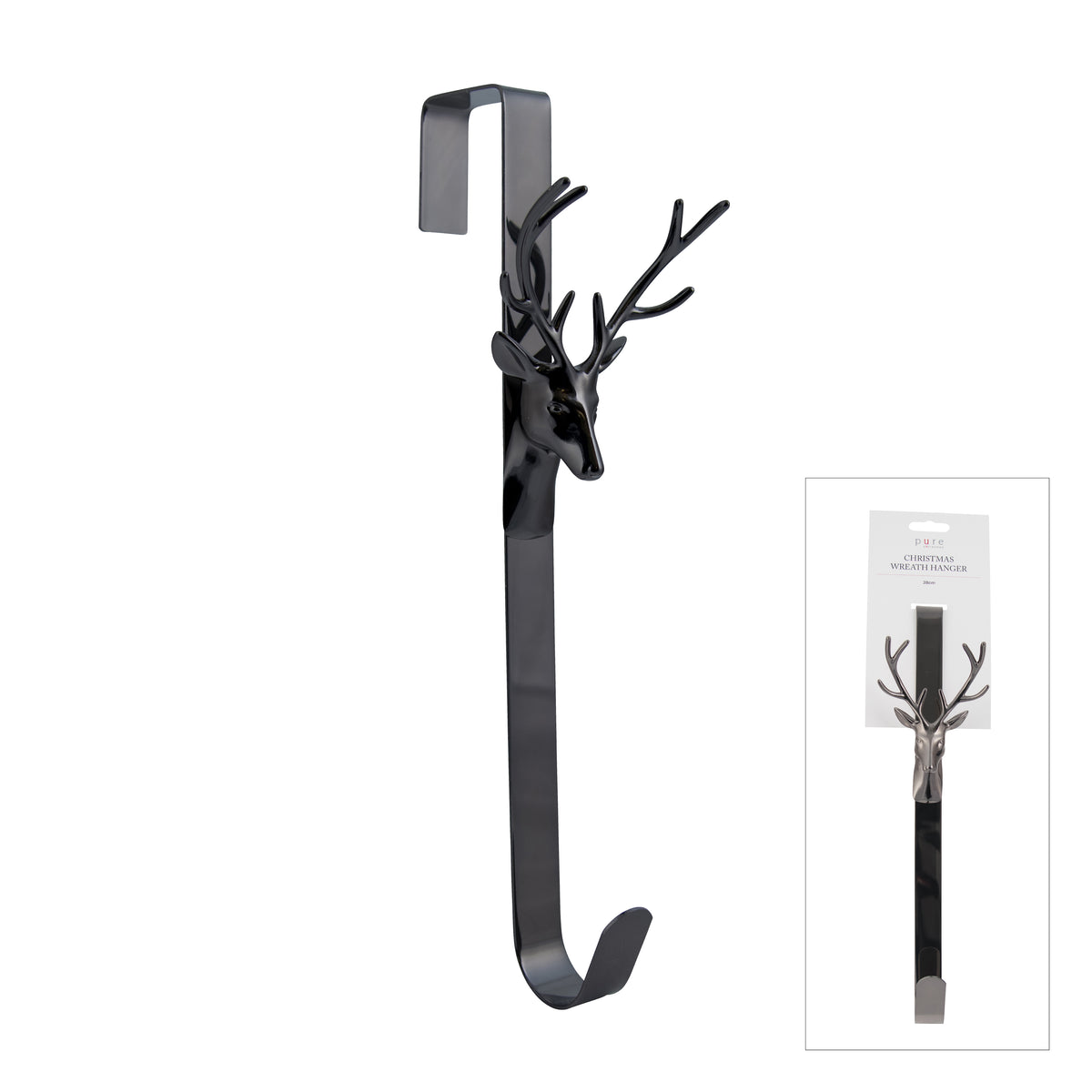 Platinum look over-door wreath hanger with sculpted stag head and branching antler detail