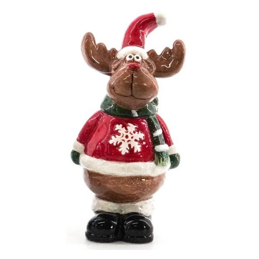 Standing glossy reindeer figurine in a Santa hat, red snowflake jumper and green scarf
