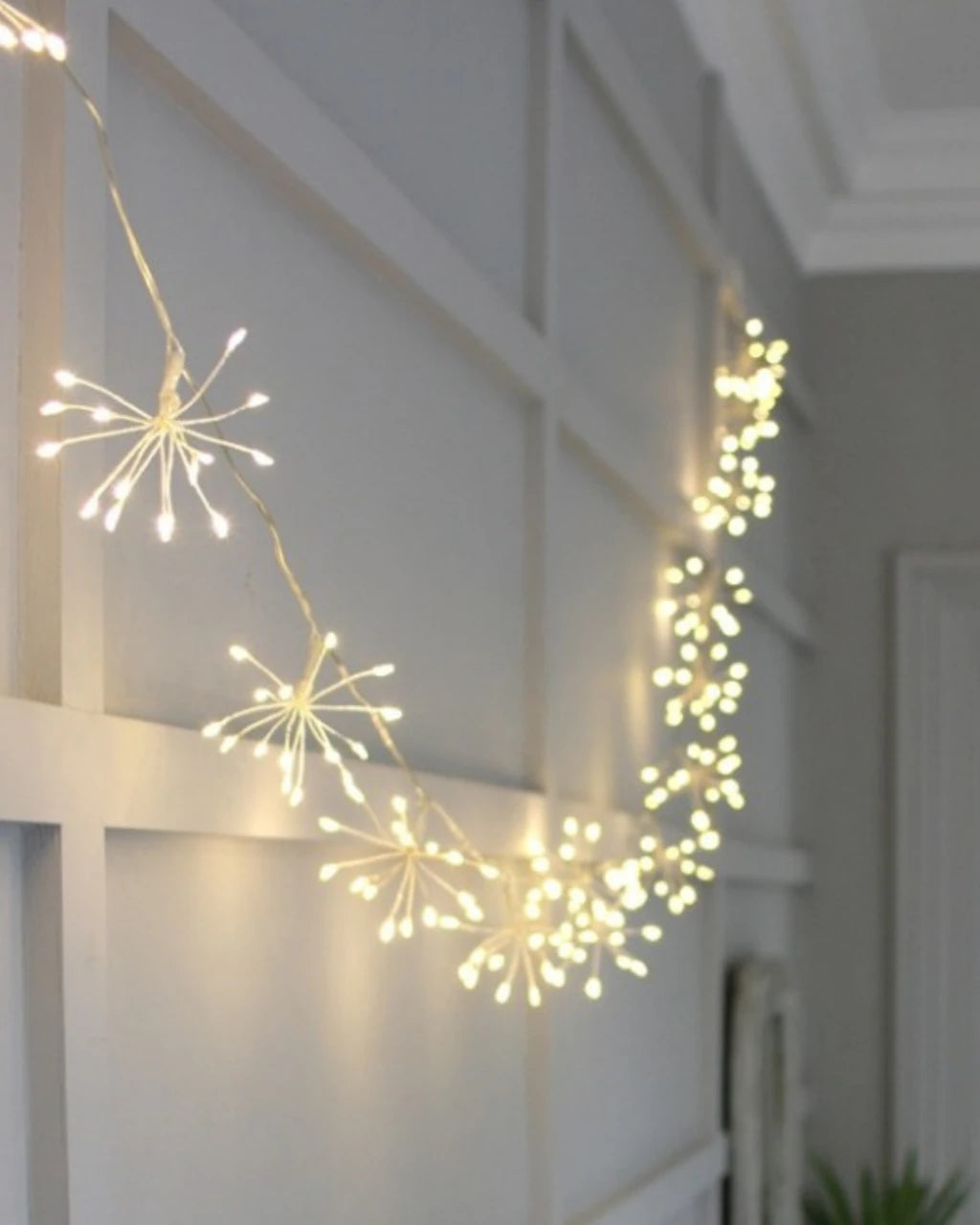 Starburst LED fairy lights lit up among a green foliage garland on a wall