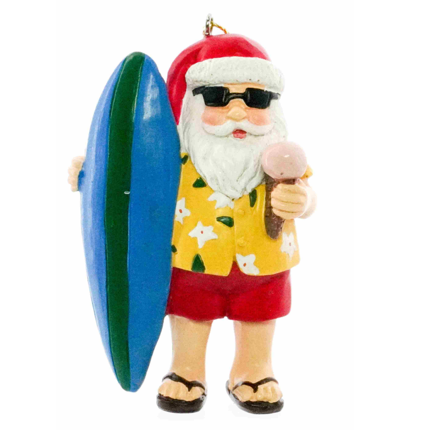 Santa Christmas tree decoration in Hawaiian shirt holding a surfboard and ice cream cone