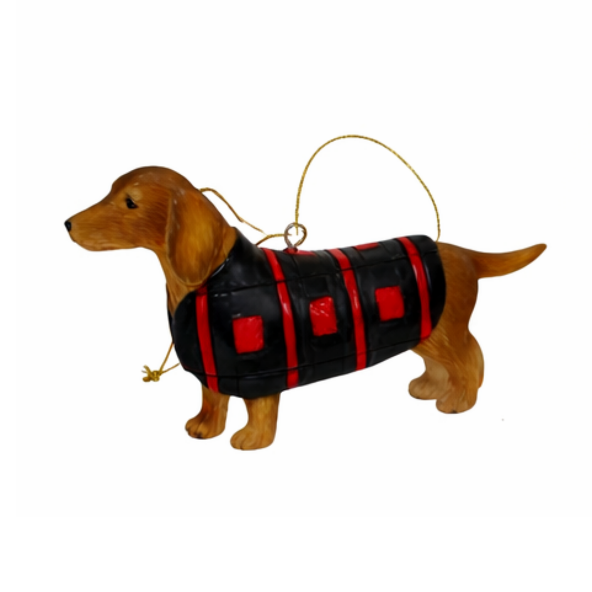 Golden tan dachshund Christmas tree decoration wearing a black and red checked coat with gold hanging cord