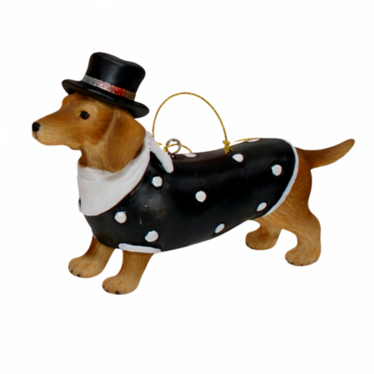 Tan dachshund Christmas tree decoration in a black polka dot coat, white neckerchief and black top hat