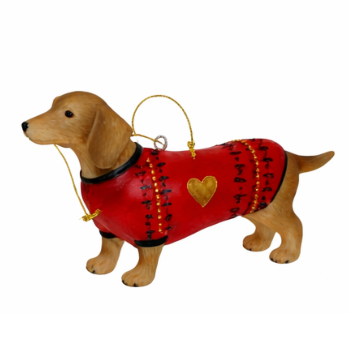 Golden tan dachshund Christmas tree decoration wearing a red coat with a gold heart and black script detail