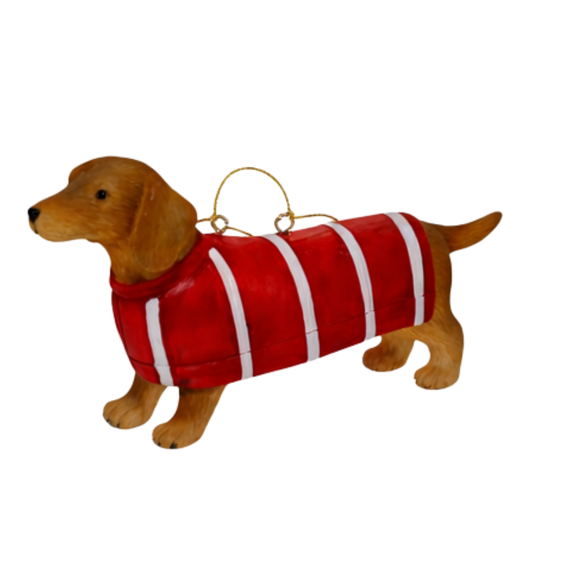 Golden tan dachshund Christmas tree decoration wearing a red and white striped coat with gold hanging cord