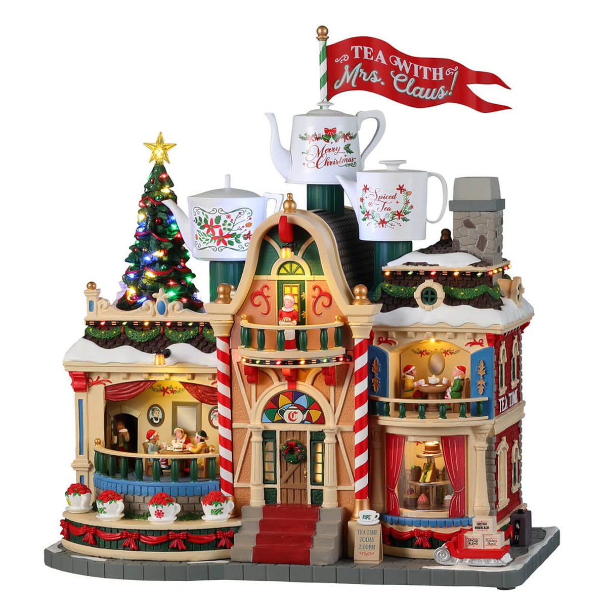 Lemax Tea With Mrs Claus building with teapot rooftops, lit interiors and festive detail