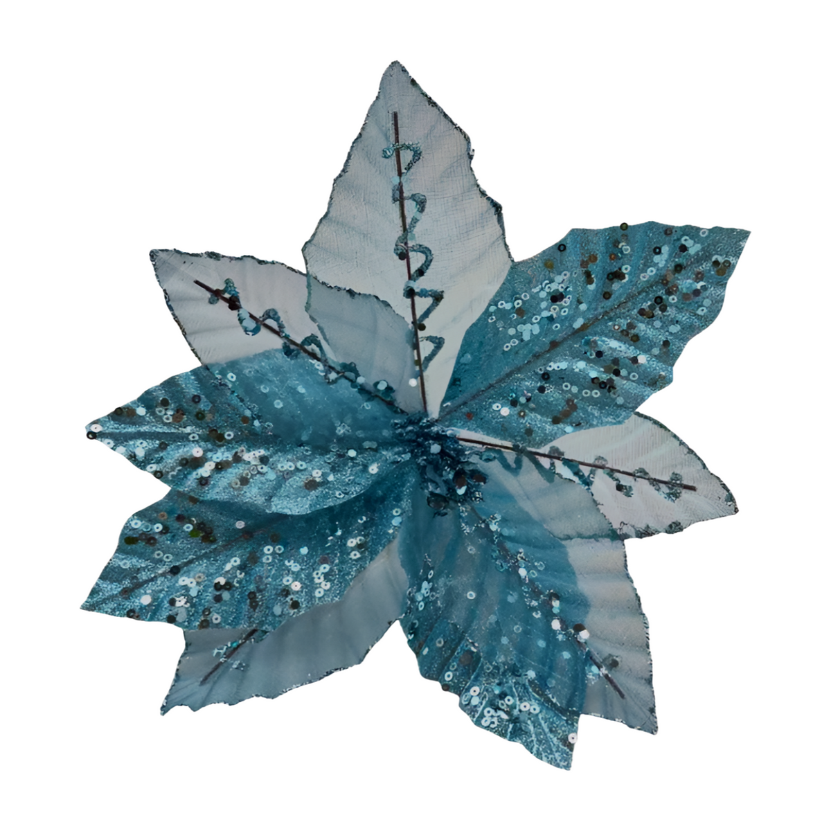 Teal and pale blue sequin poinsettia clip-on Christmas tree decoration with sheer petals