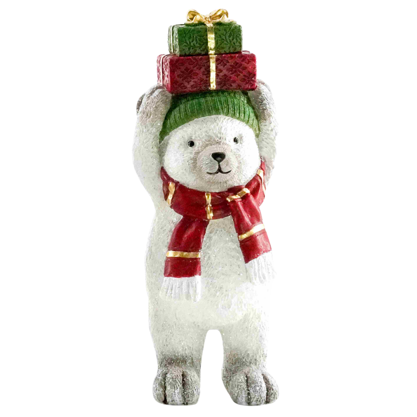 White glittery teddy bear decoration balancing stacked red and green gift boxes on his head