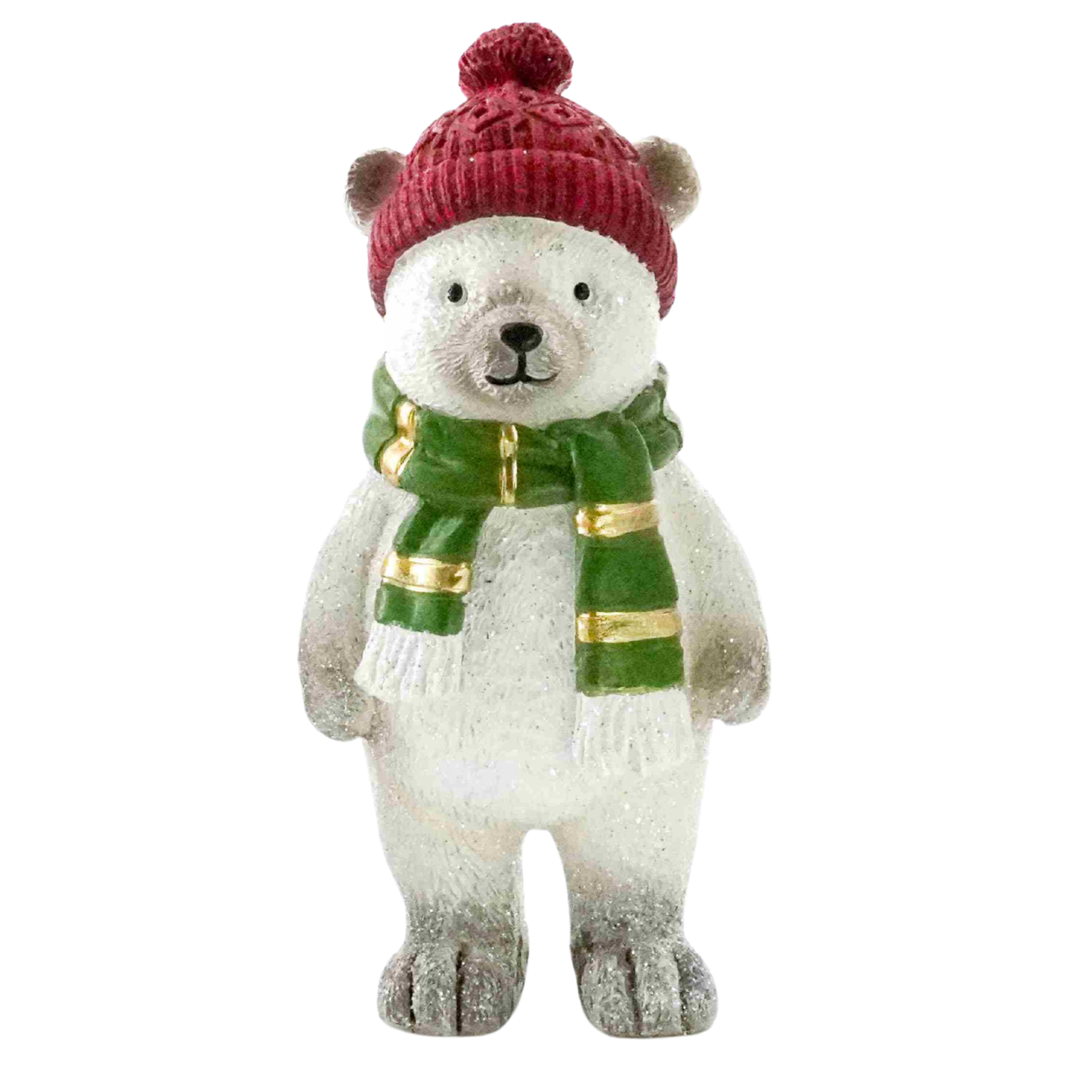 Standing white teddy bear Christmas decoration with glittery coat, red knitted hat and green gold scarf
