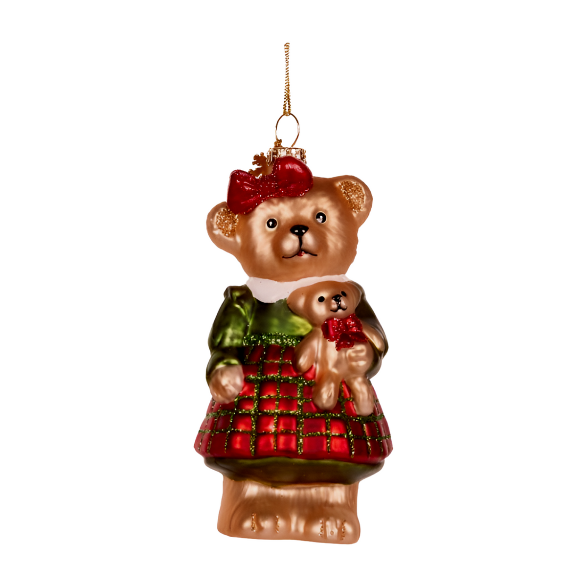 Glass teddy bear decoration wearing a green top and red checkered skirt, holding a small teddy bear with a red bow