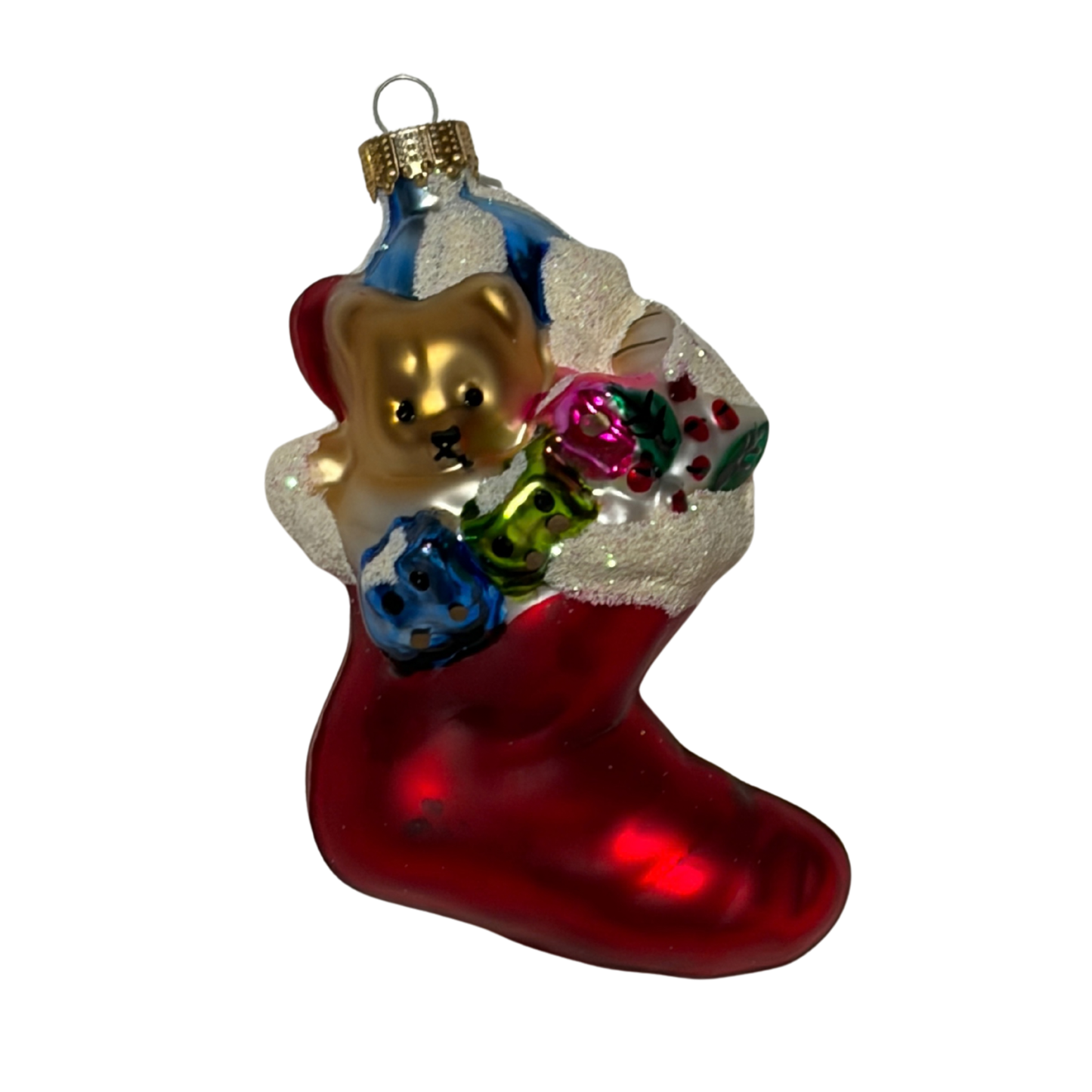 Christmas ornament of a red stocking with a bear holding presents on a white background