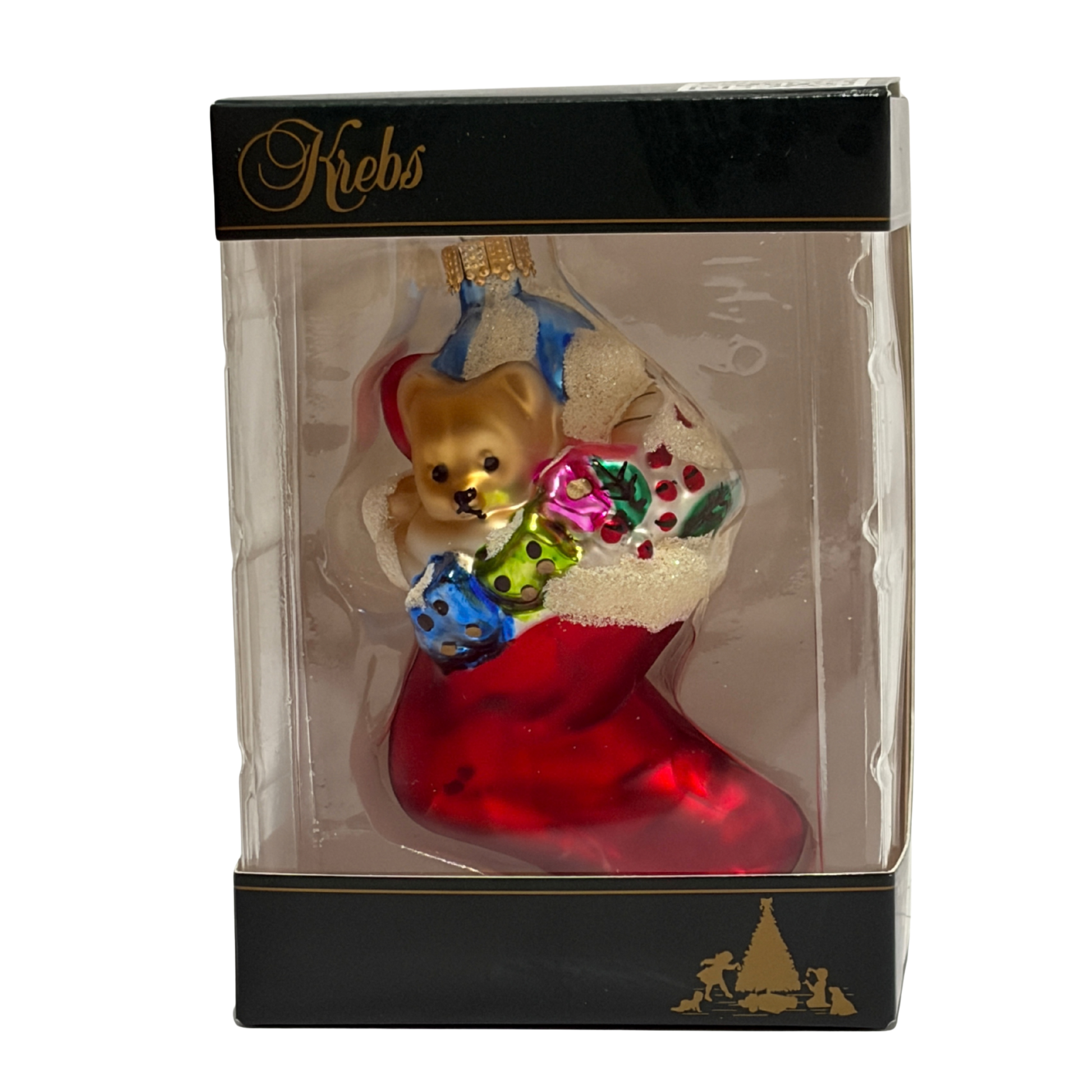 Decorative Christmas ornament with a bear in a stocking, branded 'Krebs', in clear packaging.