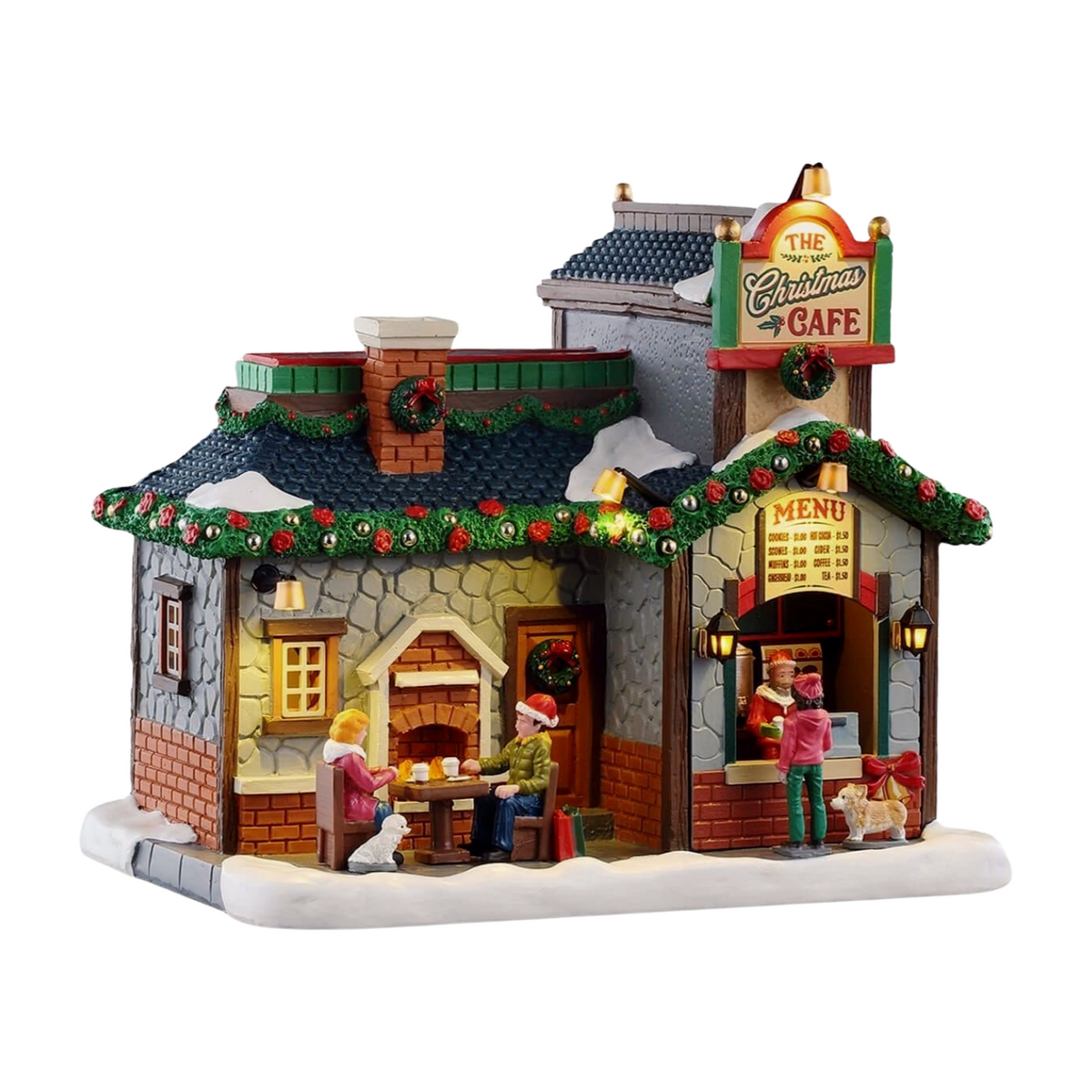 Lit Elf Service Sleigh and Sled Repair village building with elf figurines, waxing and sanding signs, paint cans, and sleigh bay