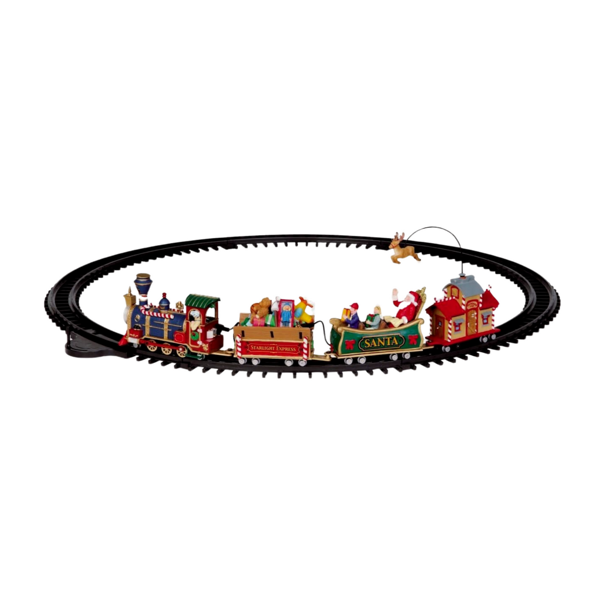 Christmas village train set with Santa car, toy carriage, and flying reindeer figure on oval black track