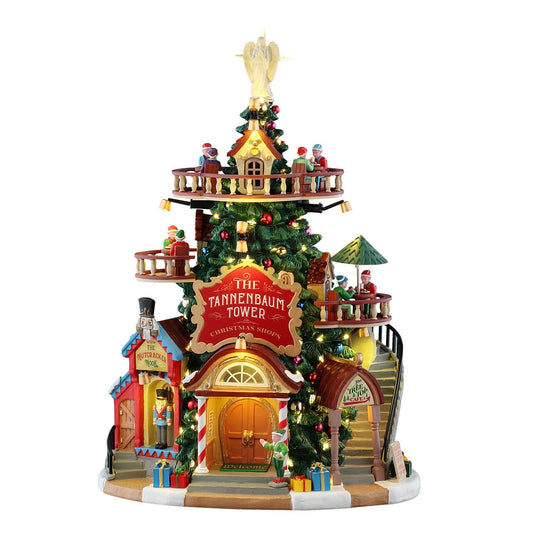 Lemax The Tannenbaum Tower with spiralling balconies, angel topper and Christmas shops