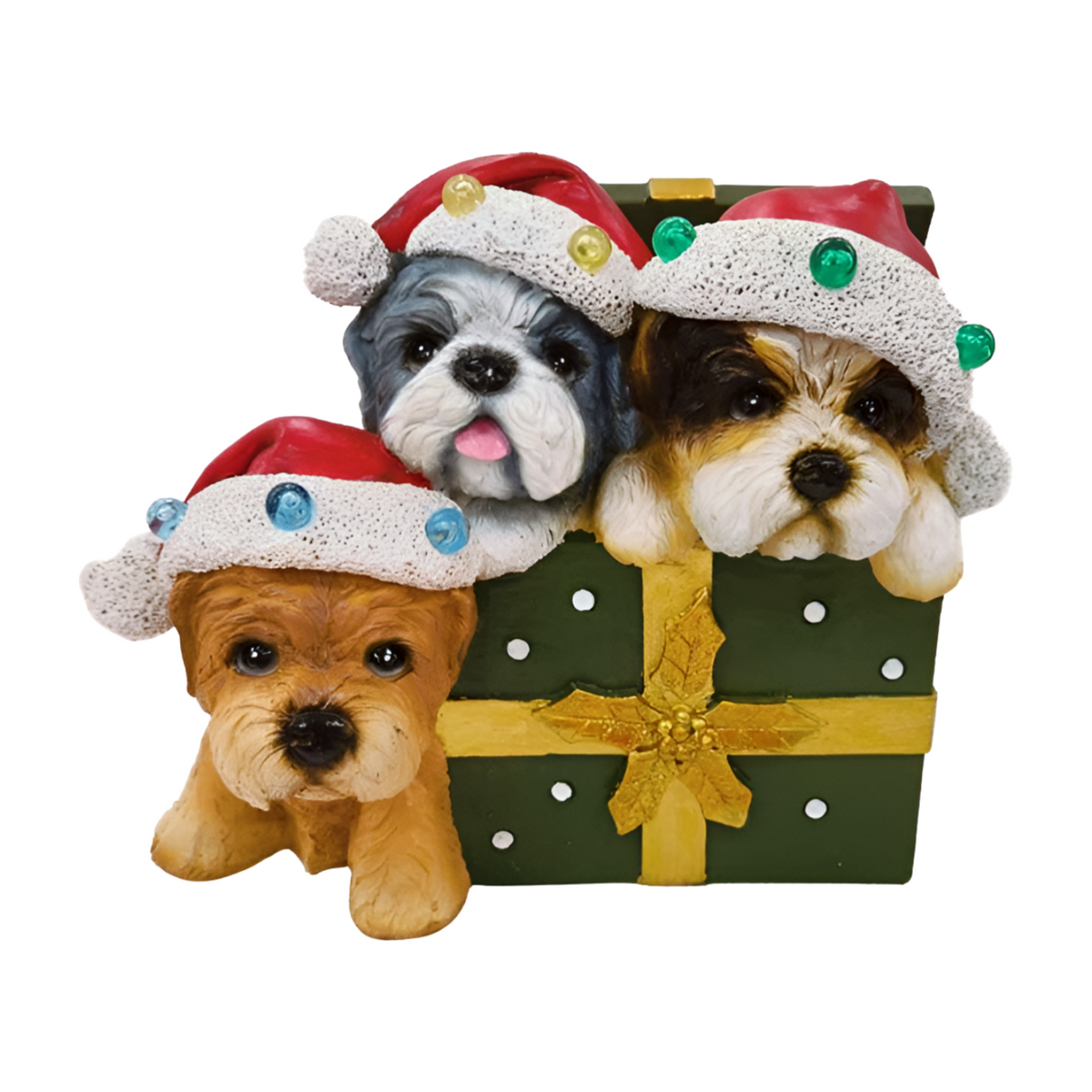 Christmas figurine of three dogs in Santa hats with light-up gems peeking out of a gift box