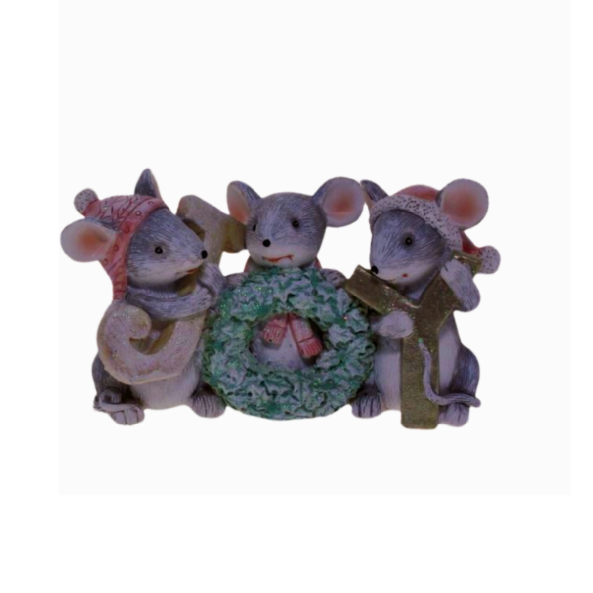 Three mice Christmas figurine wearing hats and scarves gathered around a glittered wreath
