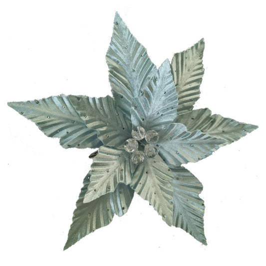 Tiffany blue poinsettia clip-on flower decoration with silver stud petal detail and clear faceted bead stamen centre