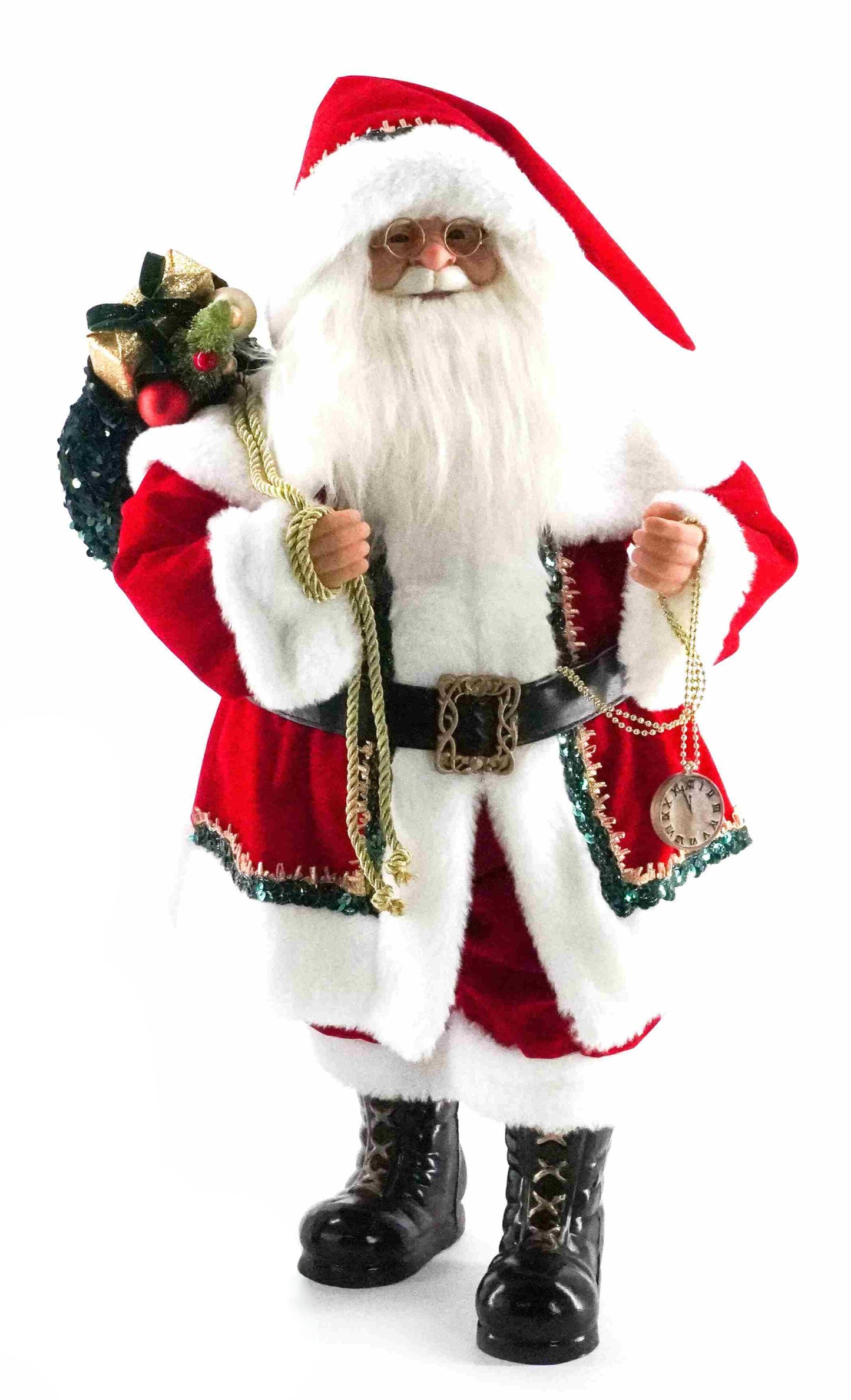 Traditional red Santa Claus figurine holding a festive gift sack with gold accents