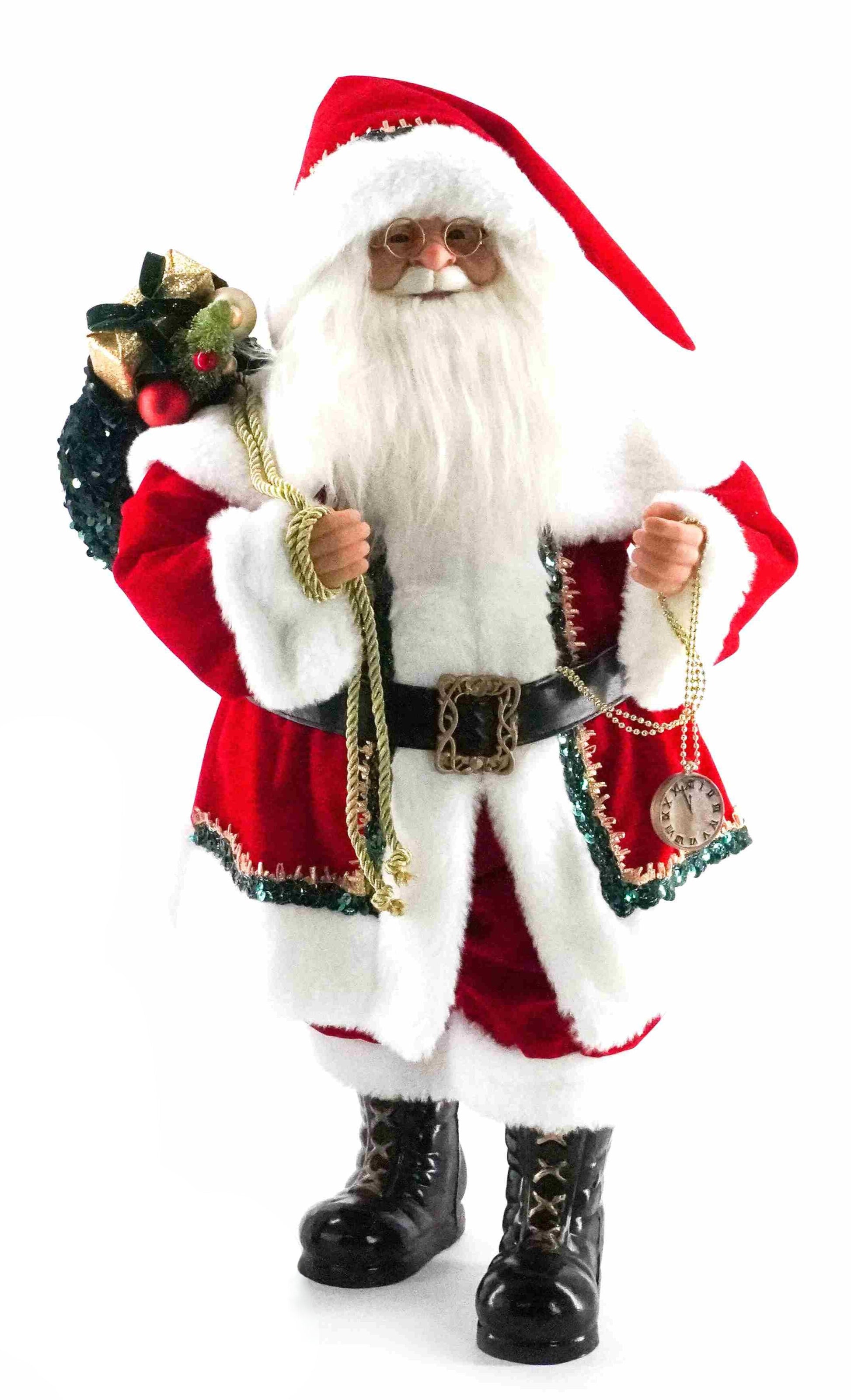 Traditional red Santa Claus figurine holding a festive gift sack with gold accents