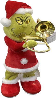 Plush Grinch wearing a red Santa outfit and hat, holding a gold trombone with a mischievous grin