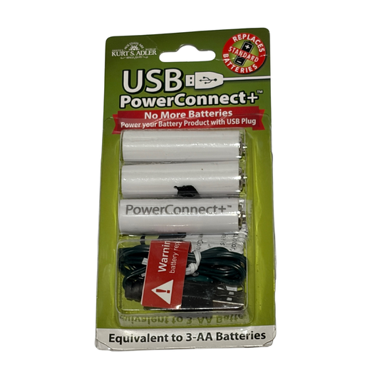 USB PowerConnect+ packaging with batteries and USB cable on a white background