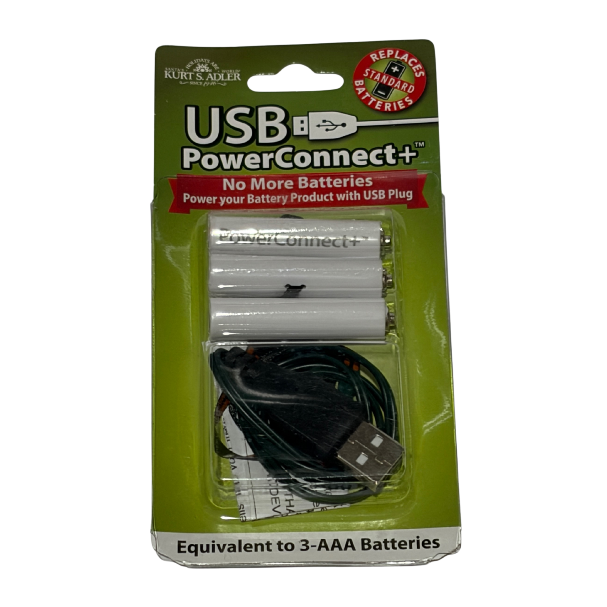 USB PowerConnect+ packaging with batteries and cable on a white background