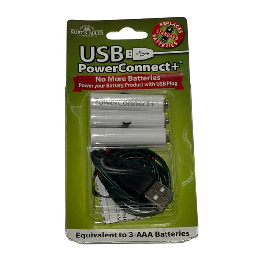 USB PowerConnect+ packaging with batteries and cable on a white background