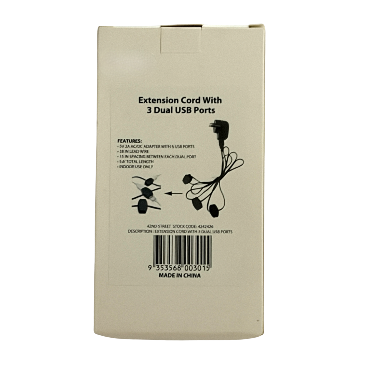 Beige box packaging for an extension cord with 3 dual USB ports on a white background