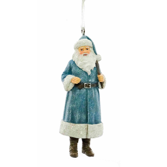 Victorian Santa Christmas tree decoration in blue coat with white glitter trim carrying a staff