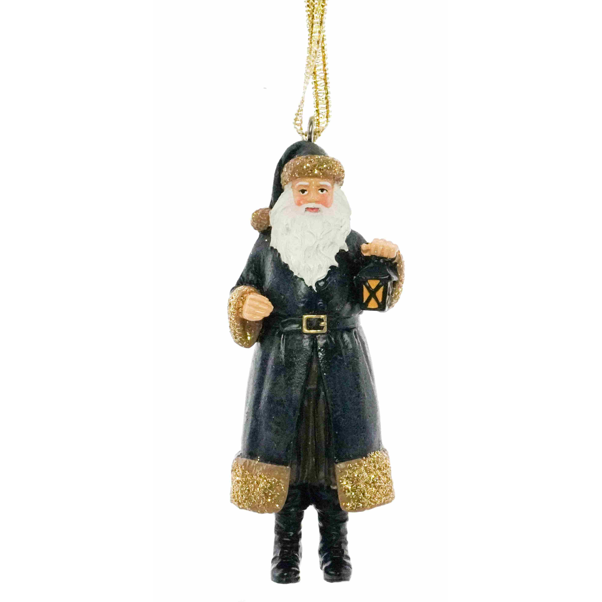 Victorian Santa Christmas tree decoration in dark coat with gold trim carrying a lantern