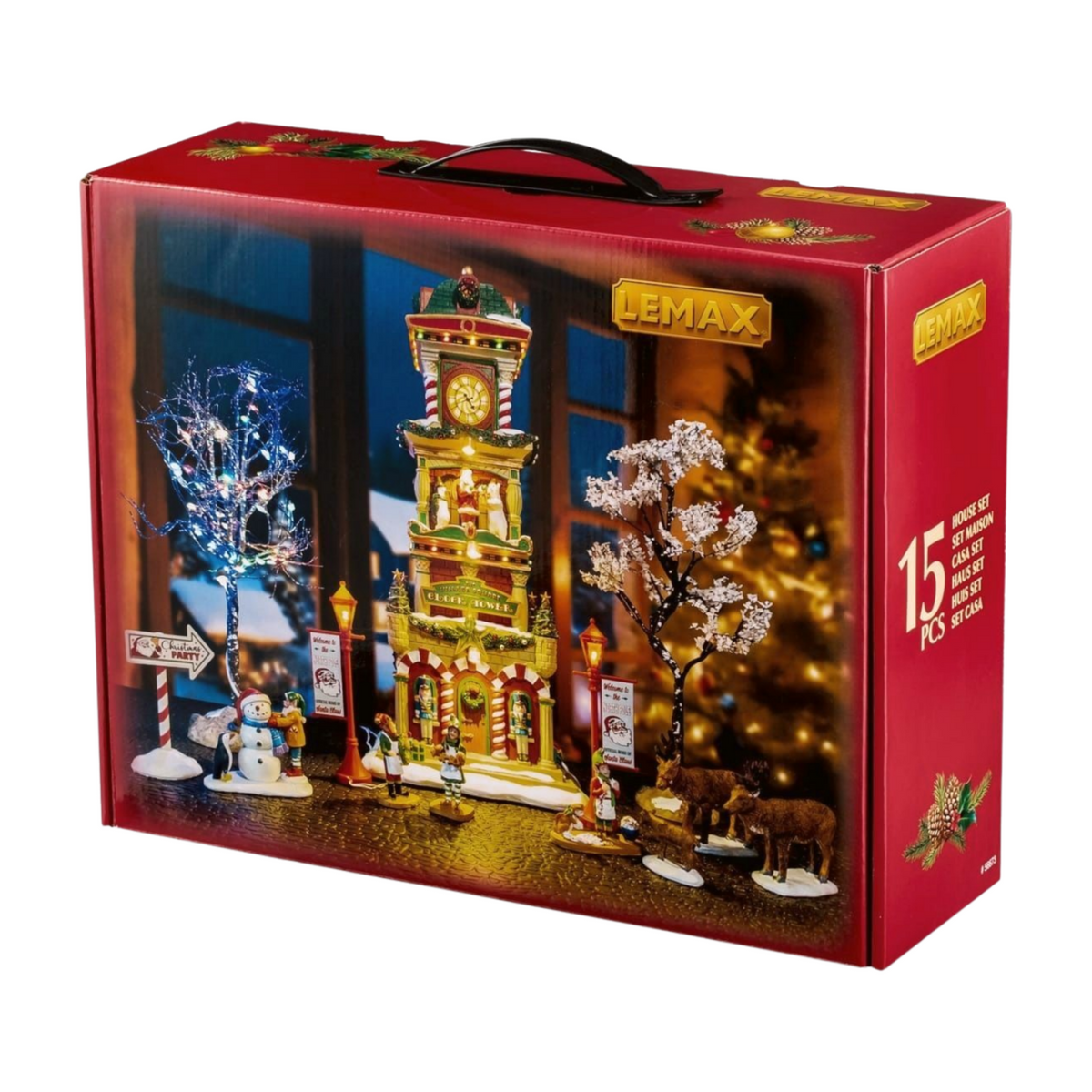 Lemax 15-piece Christmas village house set packaging front showing lit clock tower, decorated trees, elves, reindeer, and snowman scene 