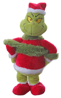 Plush Grinch toy wearing a red Santa outfit and hat, standing upright with arms crossed and a mischievous grin