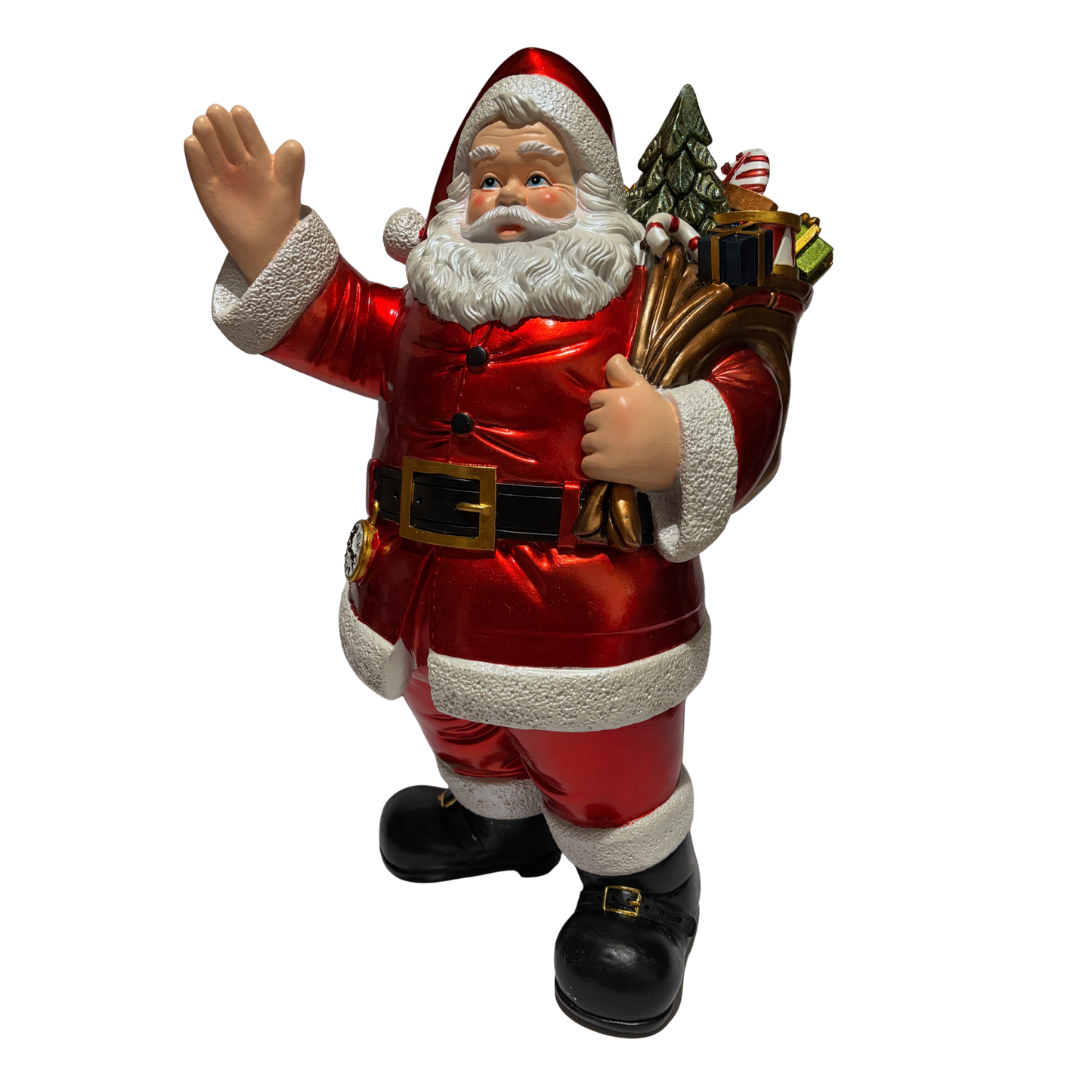 Santa ornament in red suit holding gifts, candy canes, and a small Christmas tree