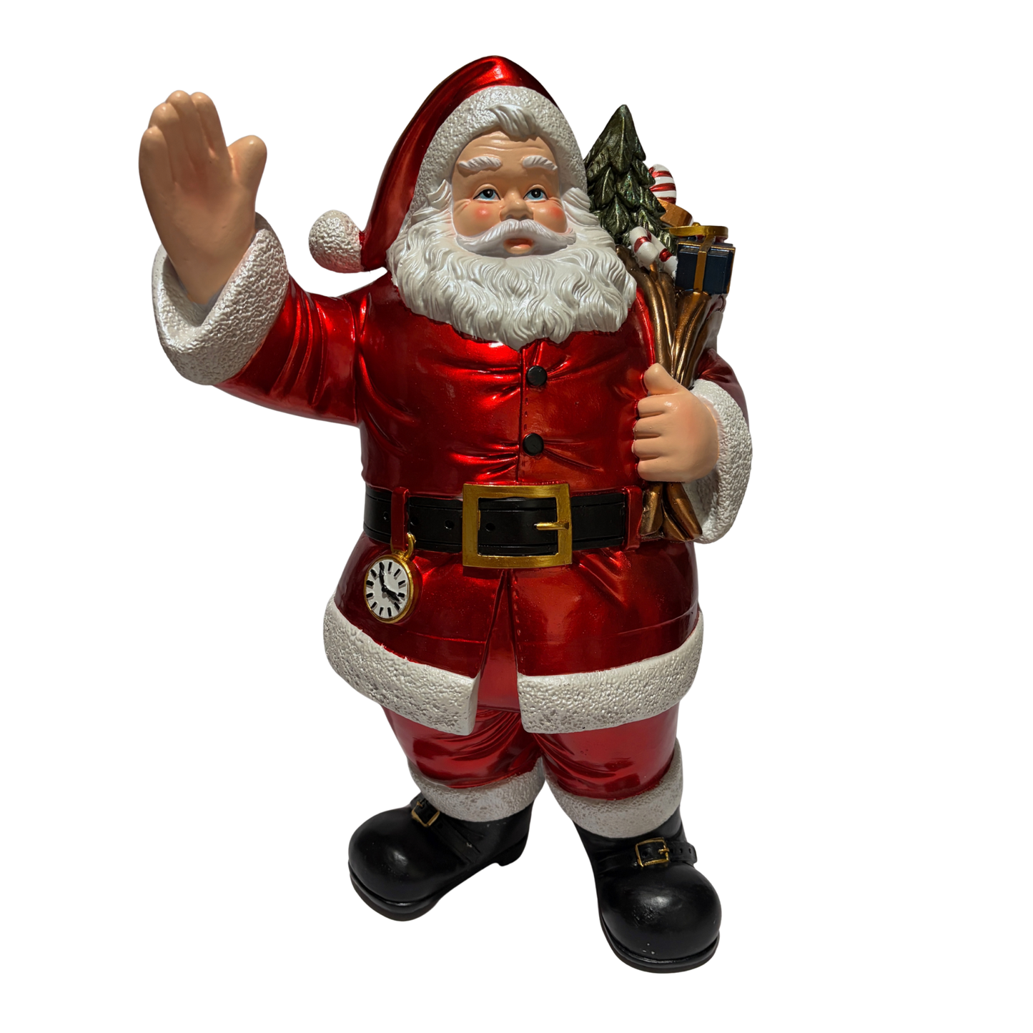 Santa ornament in red suit holding gifts, candy canes, and a small Christmas tree
