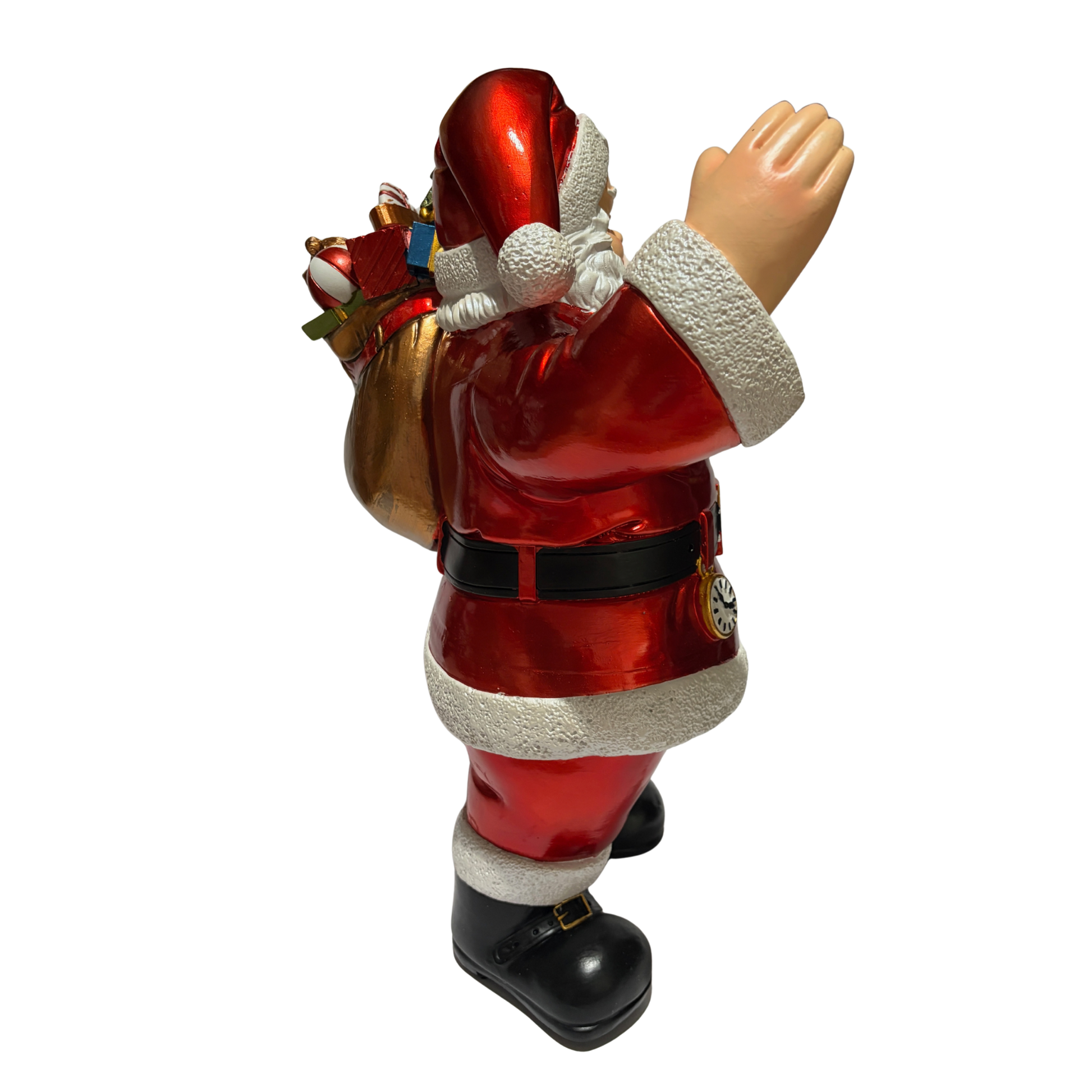 Santa ornament in red suit holding gifts, candy canes, and a small Christmas tree