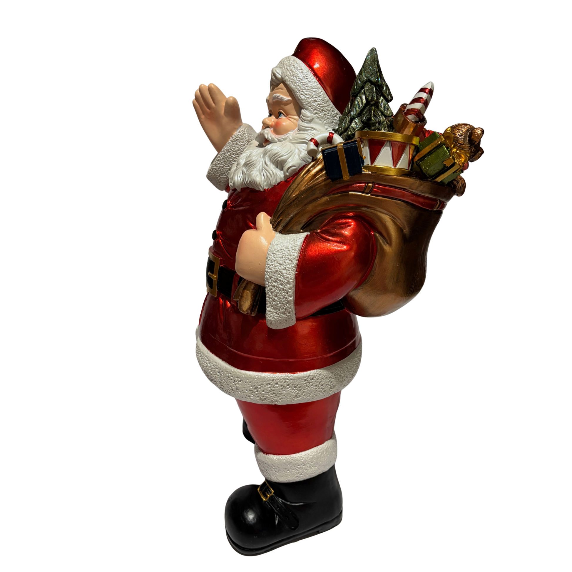 Santa ornament in red suit holding gifts, candy canes, and a small Christmas tree