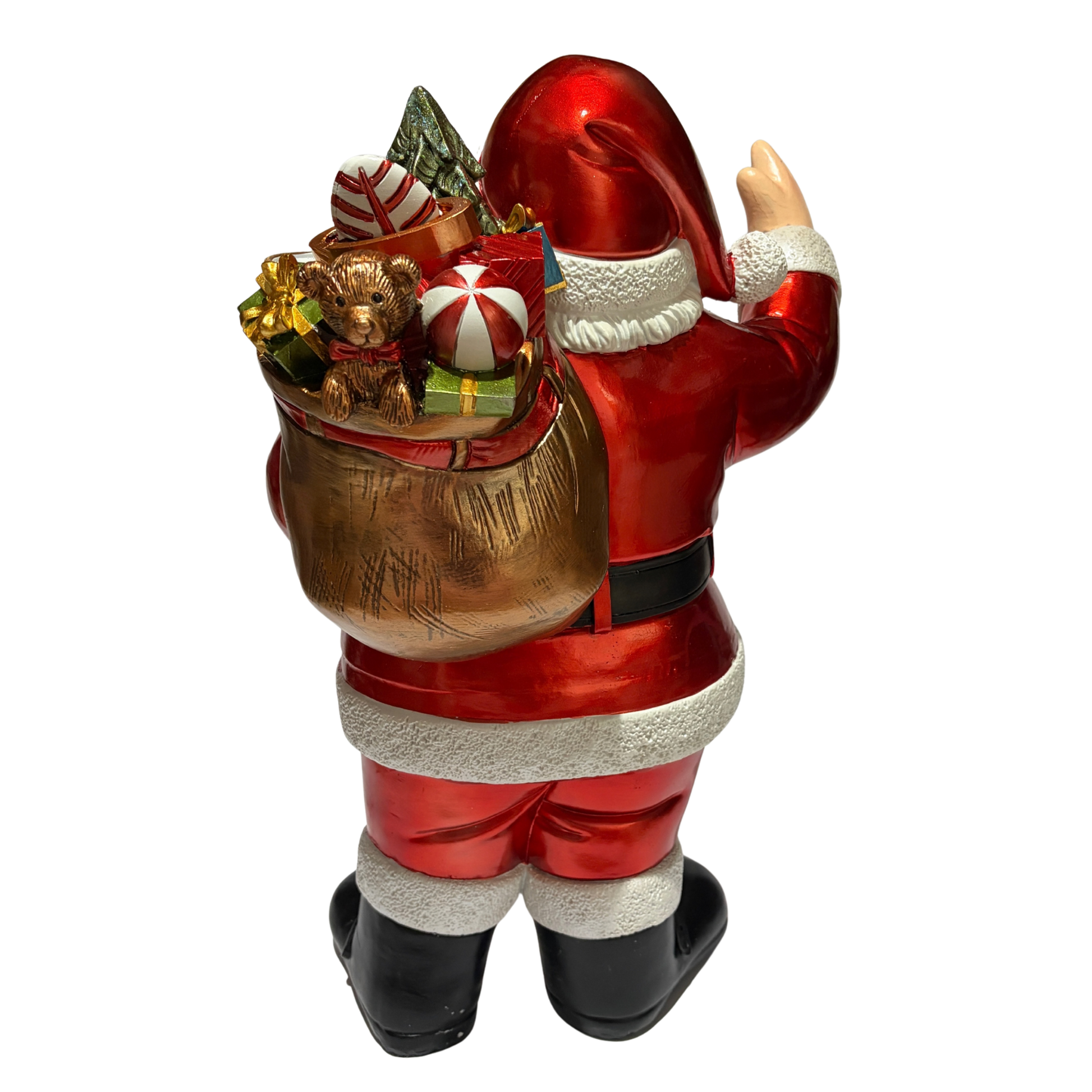Santa ornament in red suit holding gifts, candy canes, and a small Christmas tree