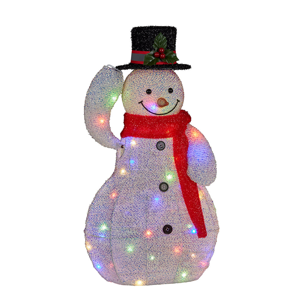 LED light-up waving snowman decoration with top hat, red scarf and multicoloured lights